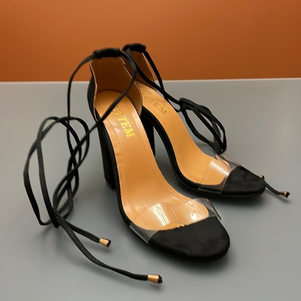 Black Microsuede 4” Block Heel Tie Up Sandal with Clear Perplex Toe Strap Size 8